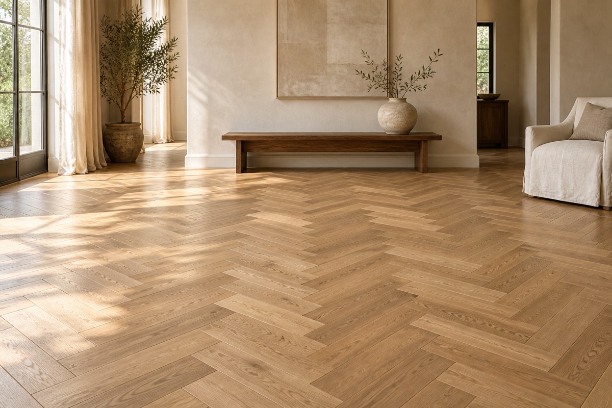 Sunlit oak herringbone floor in a thoughtfully finished living space
